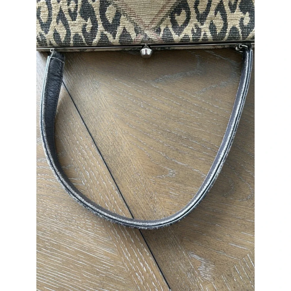 Bettina‎ Duncan Tapestry Handbag Leopard Palm Tree Kiss Lock Satchel Tan Brown